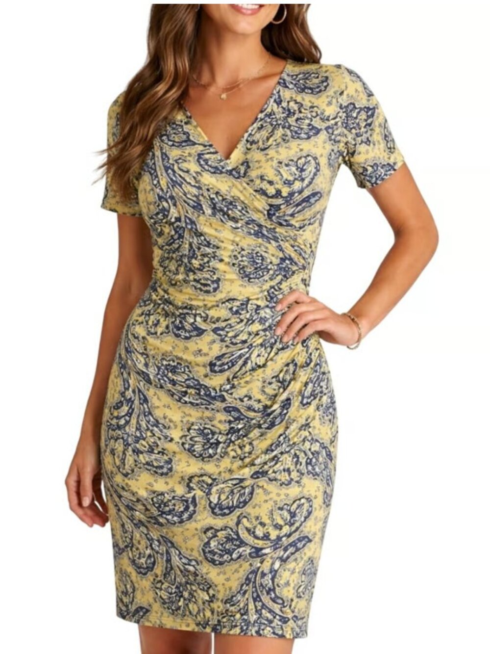 Lauren Ralph Lauren Paisley Ruched Sheath Dress Yellow Blue V Neck Size 12